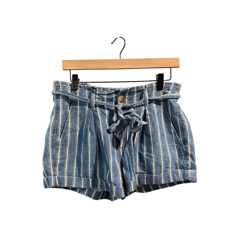American Eagle Blue White Striped Paperbag‎ Waist Denim Shorts Size 6